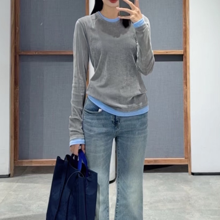 In Stock Jiangnan Style 2026 Spring New Style Fake Two-Piece Velvet T-Shirt with Color-Blocking Long-Sleeve Base Shirt for Women