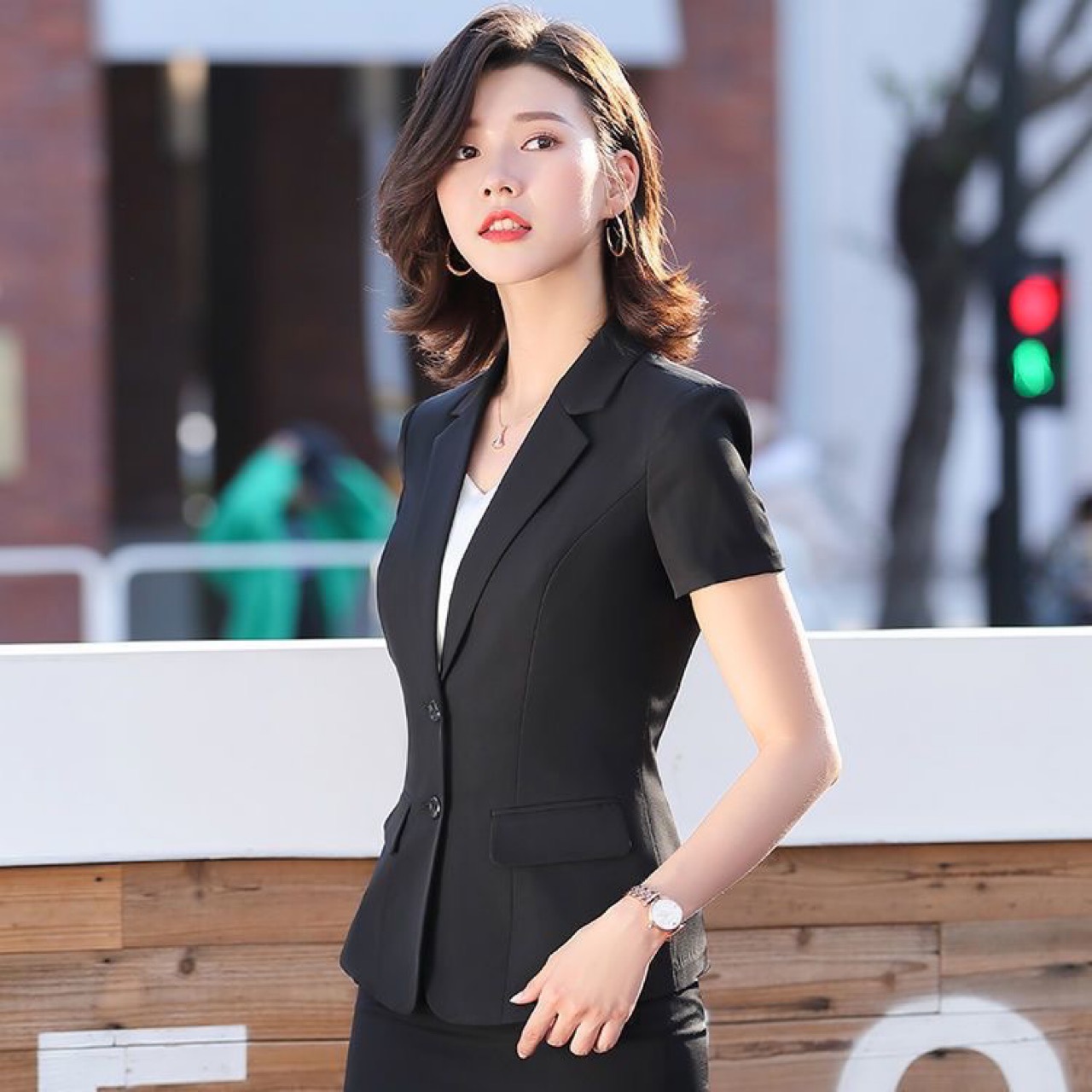 Fashionable elegant black professional summer classic suit for hotel