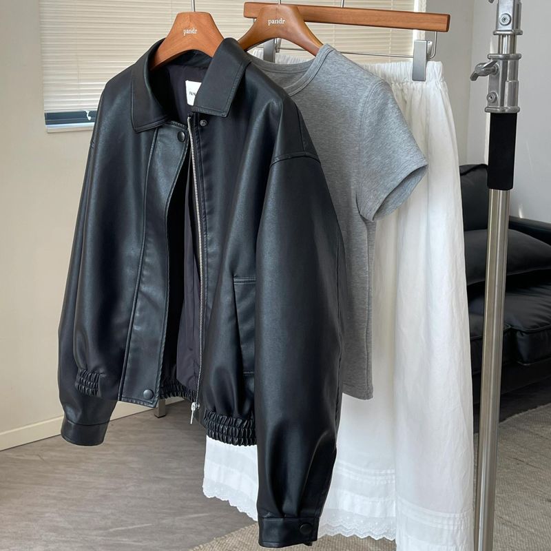 Black Leather Jacket for Women, Spring and Autumn New Style, Petite Short Biker Cool Leather Jacket Style