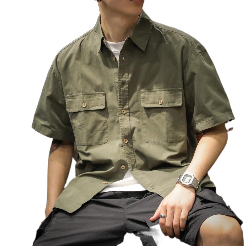 American Style Army Green Workwear Shirt Men's Short-sleeved Loose plus size Summer Thin Outdoor Commuting Casual Half-sleeved Shirt