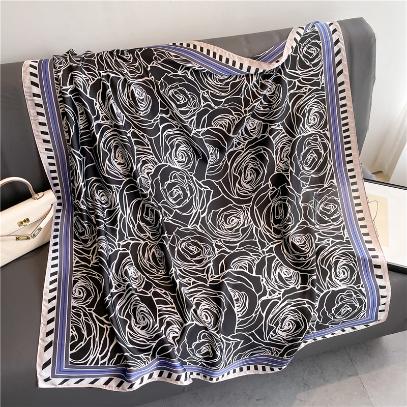 Silk Scarf Rose Pattern Lightweight Versatile Shawl For Women_voghion.com