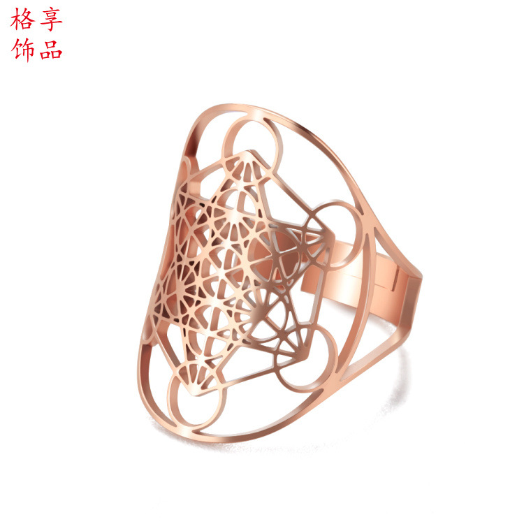 Europeo y americano popular joyería retro pulsera de acero inoxidable hueco de seis lados Awn estrella círculo oval anillo abierto