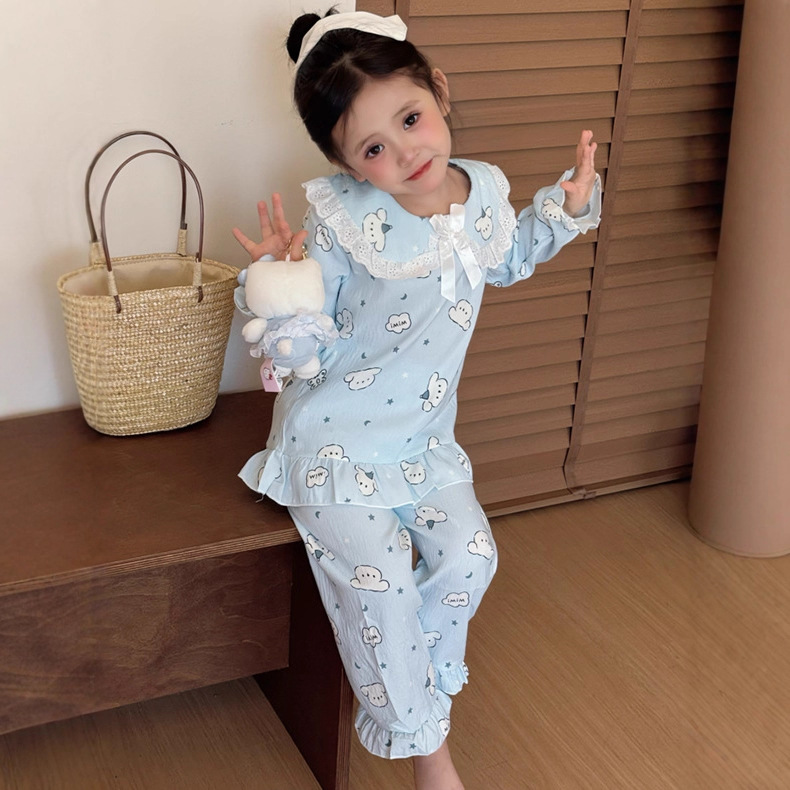 Children's Pajamas for Girls, Medium and Large Kidsren, Spring and Autum Lace Princess Style Long-Sleeved Cartoon Cute Home Clothes Set