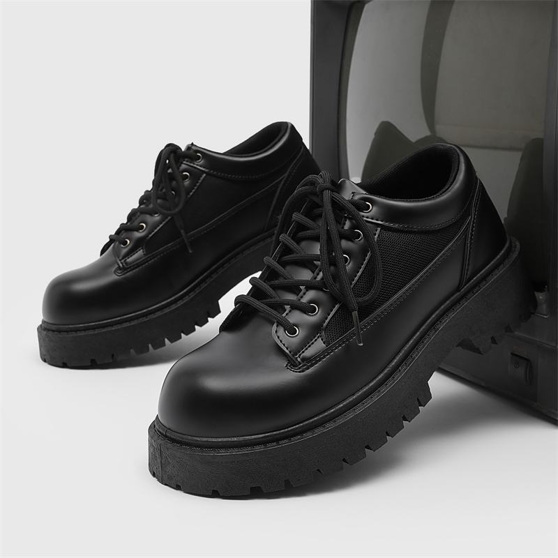 Baskets Derby pour homme ShoeVault, semelle épaisse rehaussante, noires, style britannique décontracté, chaussures de sport en cuir et mesh respirant pour l'été_voghion.com