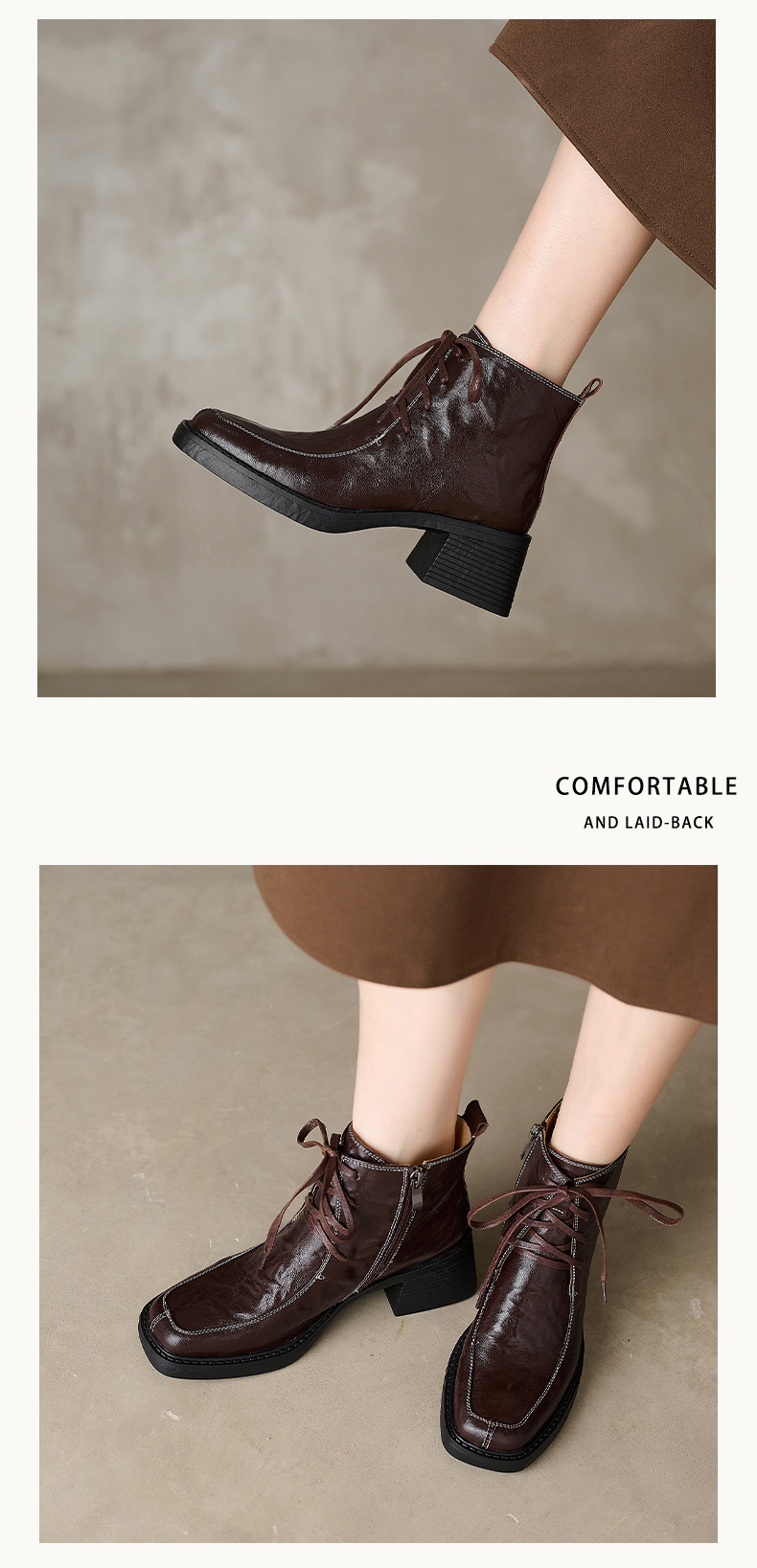 Boot nữ mũi vuông dây buộc da dê cao gót cổ ngắn lót nhung — Lớp lót nhung đen chi tiết 10