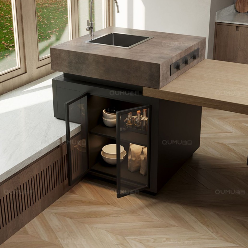 Ventana salediza, isla, mesa de comedor, cocina abierta, sala de estar de estilo de troncos, grano de madera de nogal, plataforma de guía central retráctil, caída