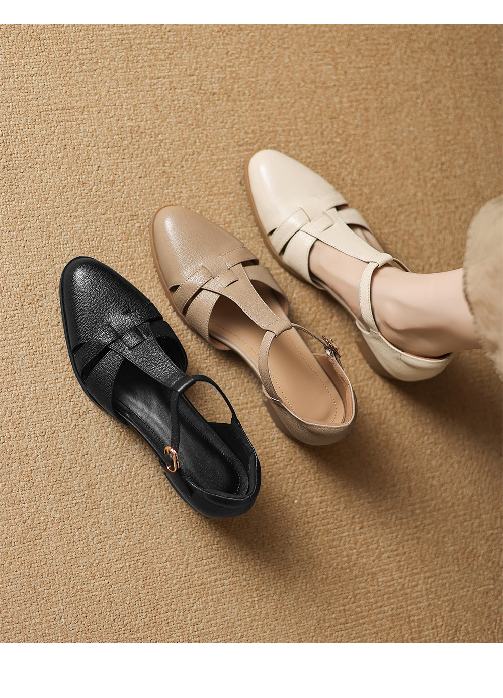 Sandal nữ gót vuông quai ngang phong cách La Mã, đế rỗng, dệt chéo khóa T — đen chi tiết 1