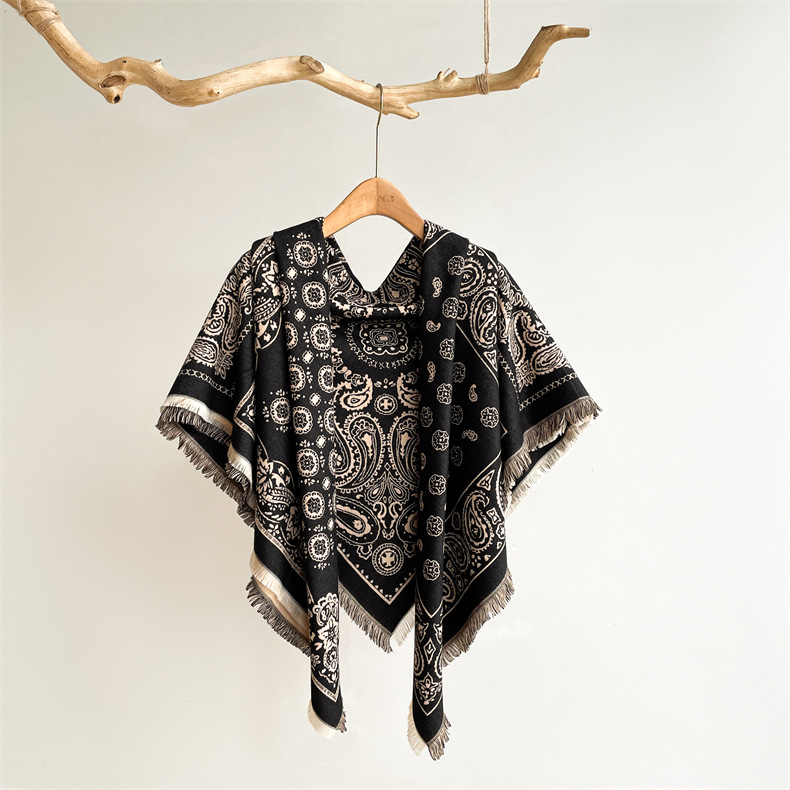 Predimenzionirani kašmirski kvadratni šal u etničkom stilu, ženski debeli šal s resicama, topli šal s cvijetom indijskih oraščića_voghion.com