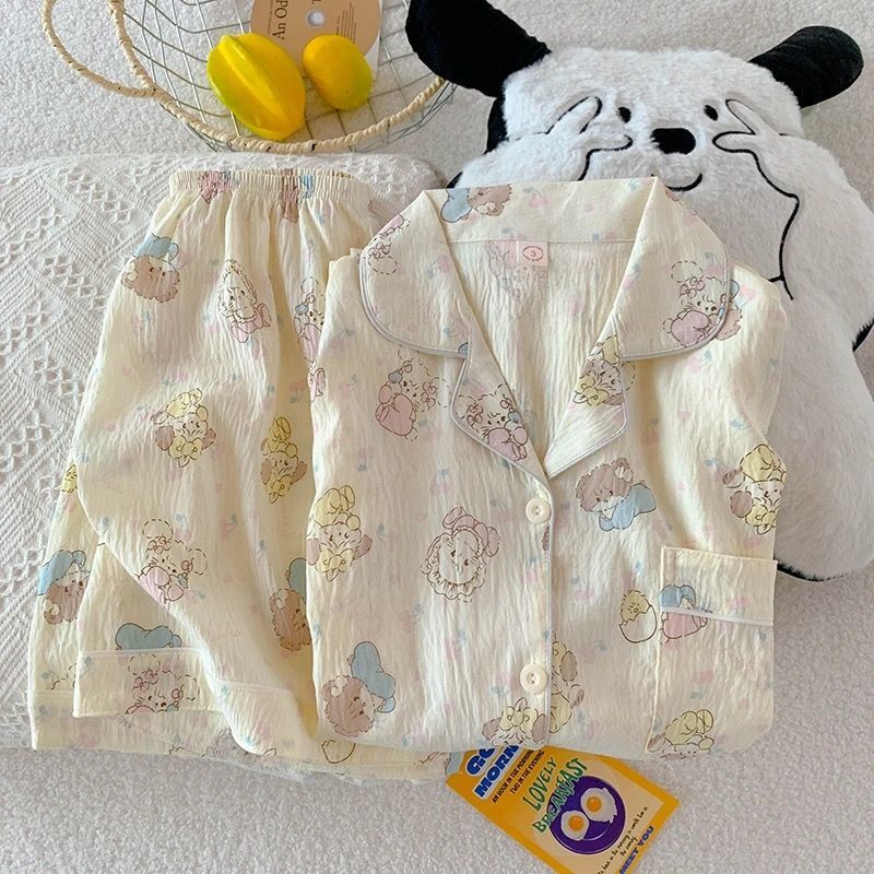 ピンク KT 猫パジャマ夏の女性の純粋な綿半袖ショーツ甘い雲綿夏は家の服セットの外で着用できます|undefined