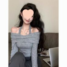 纯欲挂脖针织衫女春夏一字肩长袖打底衫性感辣妹露肩短款甜辣上衣