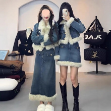 春夏小香风牛仔加棉套装减龄美拉德复古显瘦收腰短外套辣妹半身裙