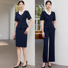 夏季新款藏青色短袖职业西装套装拼色西装领单排扣修身显瘦工作服