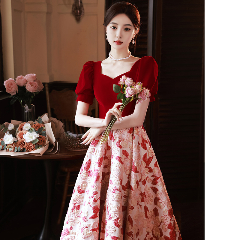 Wedding Toast Dress 2026 New Style Petite Bride Engagement Dress for Women, High-End Elegant Dress with Color-Blocking for Summer