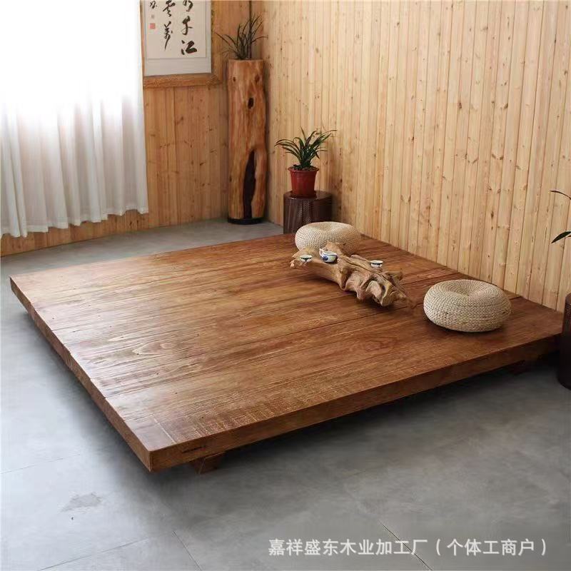 Old Elm Wood Floor-Standing Tatami Bed Board, Zen-Style Retro Guesthouse Living Room Floor Bed, Home Double Bed, Low Bed