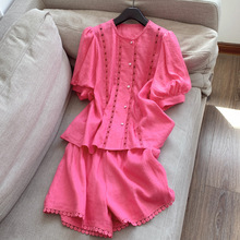 2025新亚麻复古范镂空泡泡肩T恤开衫+短裤 两件套装批发H02BTZ029