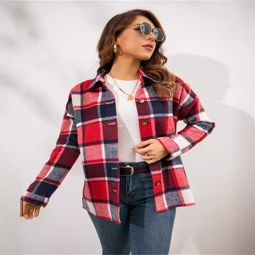 Ins Internet celebrity autumn street temperament European and American long-sleeved lapel loose women's plaid shirt medium long coat