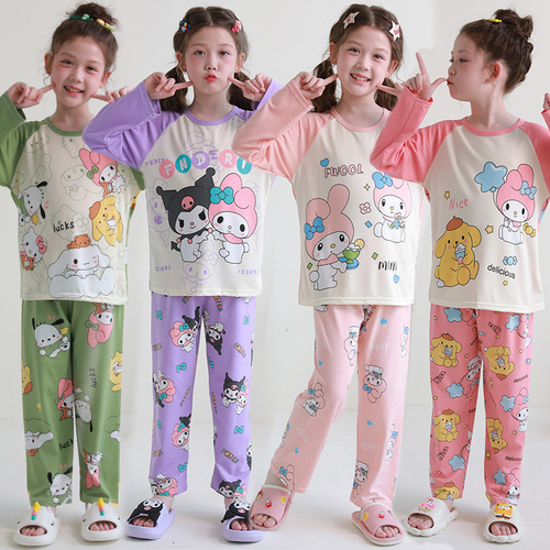 Girls' Spring and Autumn Cartoon Child Thin Long Sleeve Set Children's Girl Middle and Big Kids Home Clothes