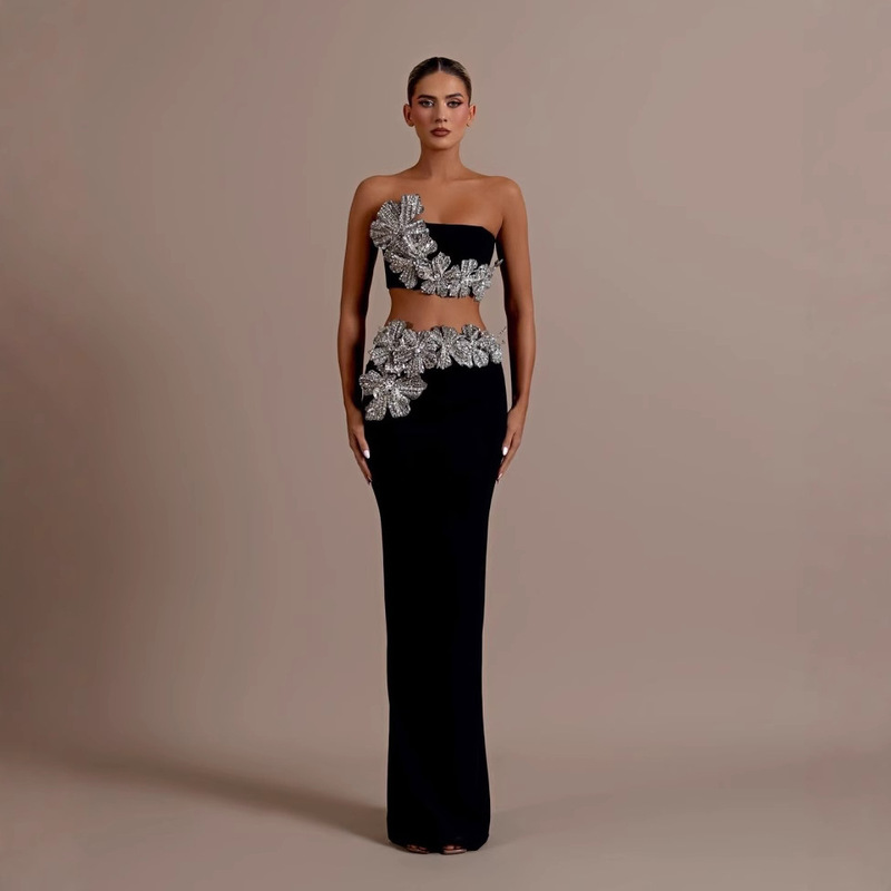 Ins European and American New Women's Clothing Flower Diamond Celebrity Party Sexy Tube Top Dress Top Long Skirt Bandage Skirt Set