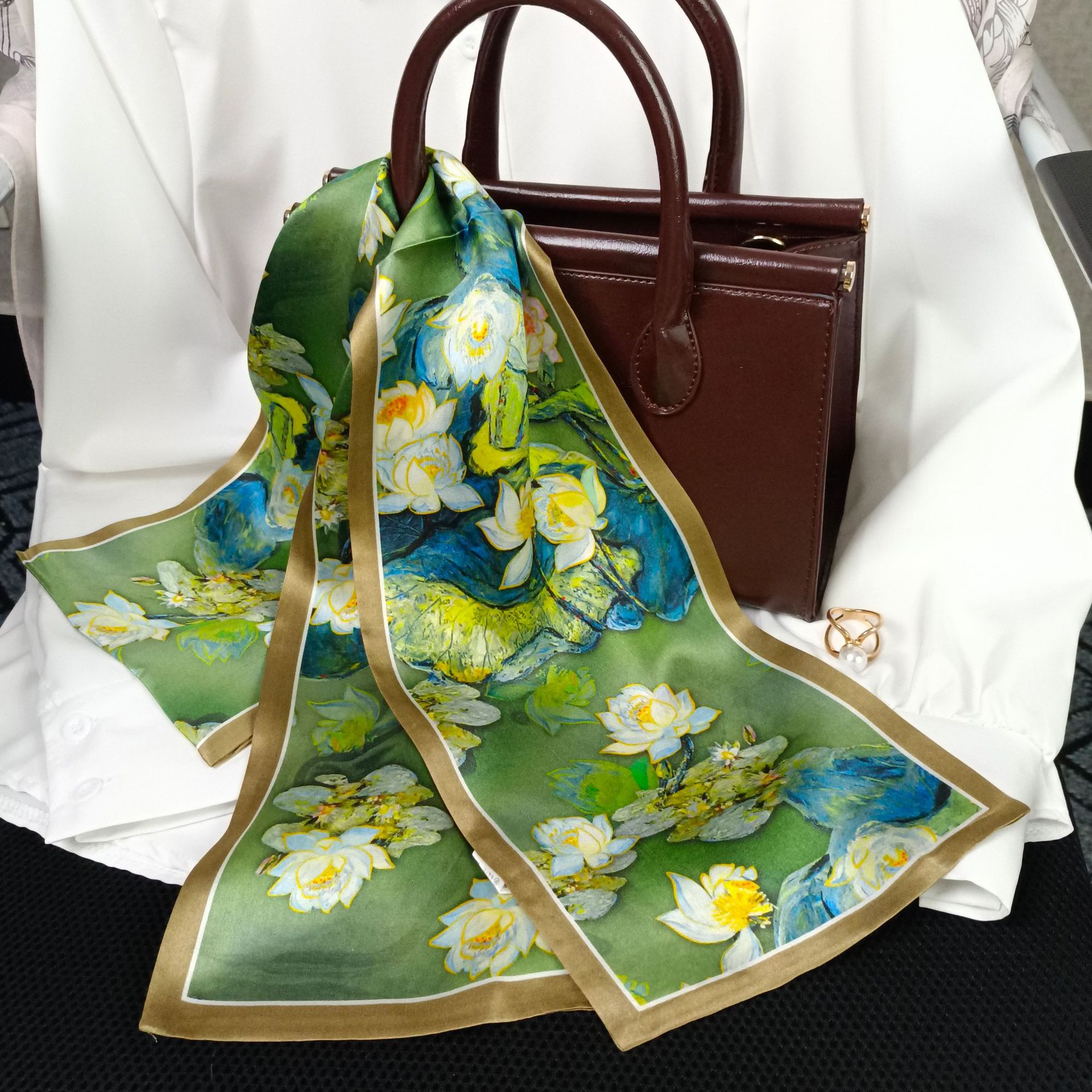 Oil Painting Real Silk Long Scarf For Women, Hangzhou Silk 100% Mulberry Silk Ribbon Decorative Korean Style Spring/Autumn Neck Scarf Hair Band - Thumbnail 8