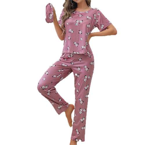 Fen Liang Women's Homecoming Set with Round Neck Short Sleeve Pants, Milk Silk Full Print Small Flowers with Eye Mask, Three-Piece Pajama Set, Fashionable
