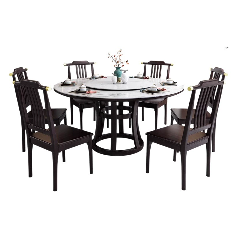 Новый обеденный стол в китайском стиле из каменной плиты Обеденный стол и стул из цельного дерева Комбинированный бытовой большой круглый стол с поворотным столом Большой и маленький квартирный обеденный стол