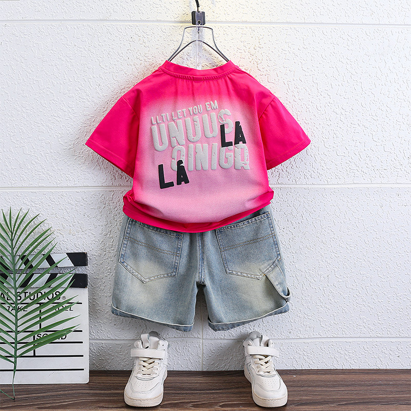 7208 Traje de verano para niños 2025 Nuevo vestido de verano para bebés Camiseta de manga corta Han Fan Red de Internet para niños Traje de dos piezas Tren 3