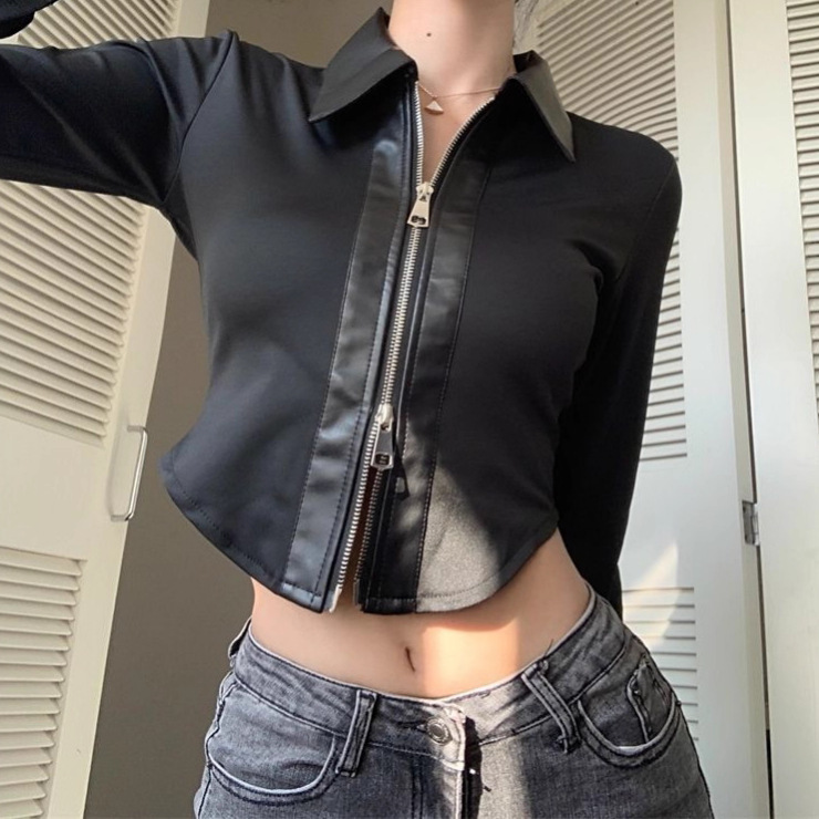 Unique and Chic Designer Women's Shirt, New Autumn 2025 Leather Patchwork Zipper Slim-Fit Long-Sleeve Top Trendy