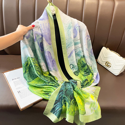 Green Oil Painting Summer Sunscreen Beach Scarf Women's Silk Scarf Extra Large Vacation  Korean Style New Scarf Shawl Fashionable