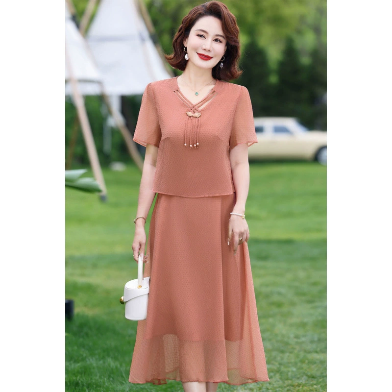 Новое платье для матери в китайском стиле, платье из двух частей, однотонное однотонное летнее платье для женщин среднего и пожилого возраста с короткими рукавами, новая модная юбка средней длины