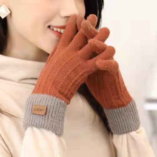 Guantes de pantalla táctil de invierno femenino Lindo estilo coreano forrado de lana de punto grueso de cinco dedos montando invierno cálido estudiante a prueba de frío