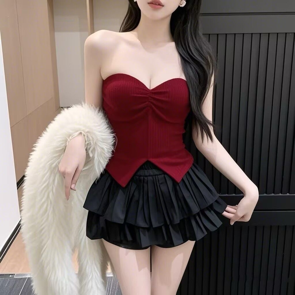 Set váy xếp ly ngắn nữ phối áo yếm có đệm ngực phong cách tiểu thư — Áo ngực đỏ (nguyên bản có đệm ngực), Trắng Spacer+Váy Set, Đen Spacer+Váy Set, Màu đỏ Spacer+váy Set chi tiết 6