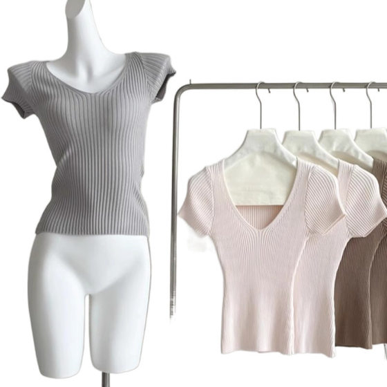 Qian Yi Light Oxygen Soft Light Chest Large Waist Small Flying Sleeve Ice Silk Short Sleeve Women's Summer Pit Knitted T-Shirt Top