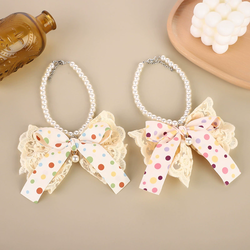 Ошейник для животных с бантом в горошек, кружевное ожерелье ручной работы для кошек (рэгдолл), собак и щенков, аксессуары для домашних животных