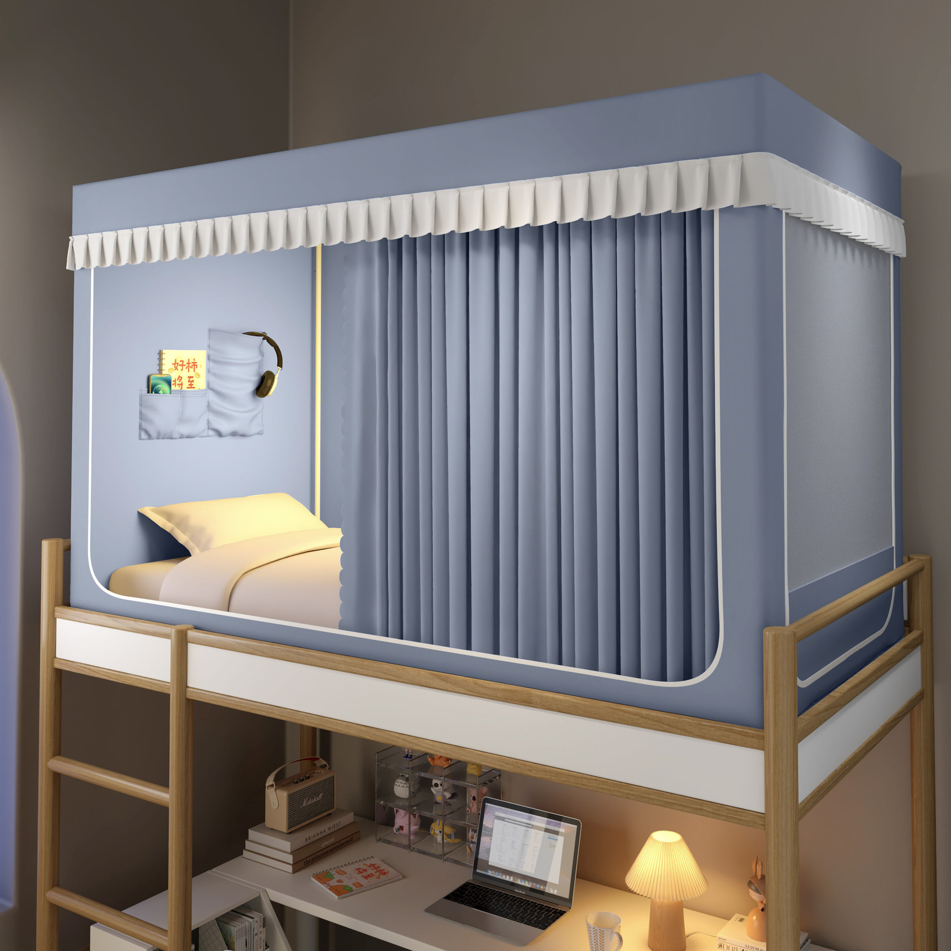 Mosquitera Opaca Integrada con Cortina para Cama de Dormitorio Estudiantil, Modelo 2025, Sin Necesidad de Instalación, Apta para Literas en Dormitorios.