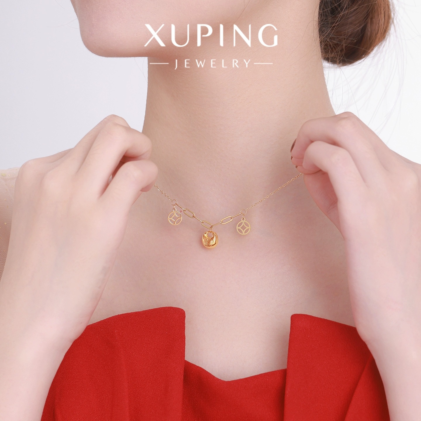 Xuping bolsas de Año Nuevo de bronce de lujo ligero collar de acero inoxidable chapado 24k simple langosta hebilla cadena de clavícula para mujeres