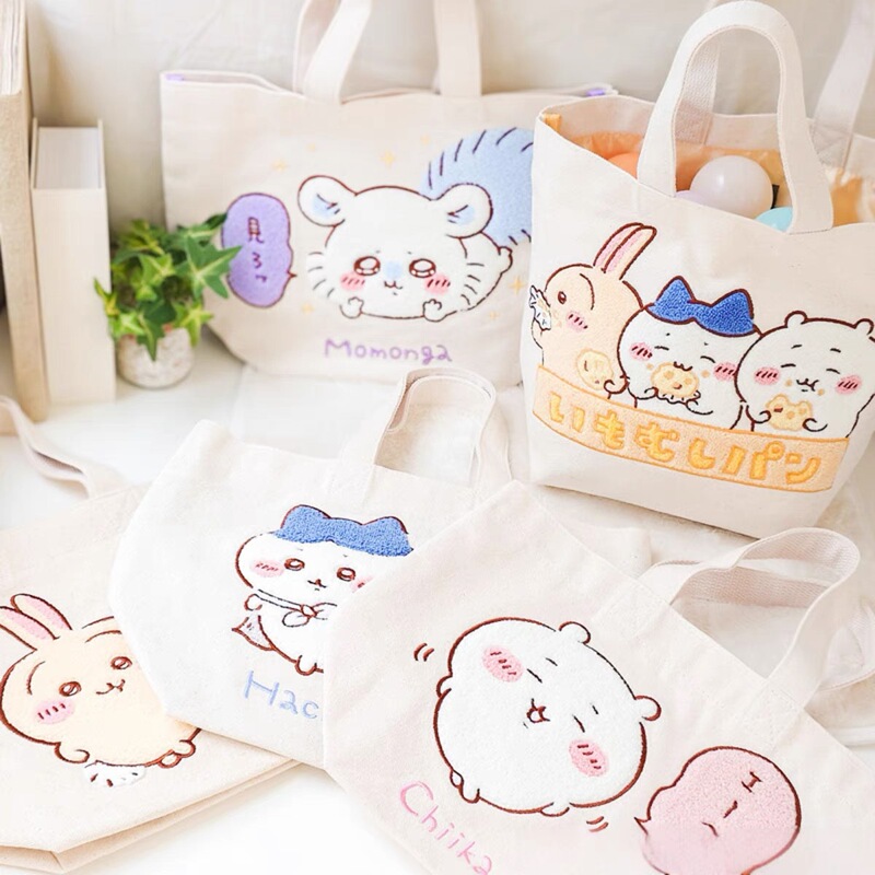 Japanese chiikawa Jikhawa Embroidered Tote Bag Cartoon Cute Hachi Usaki Canvas Tote Bag