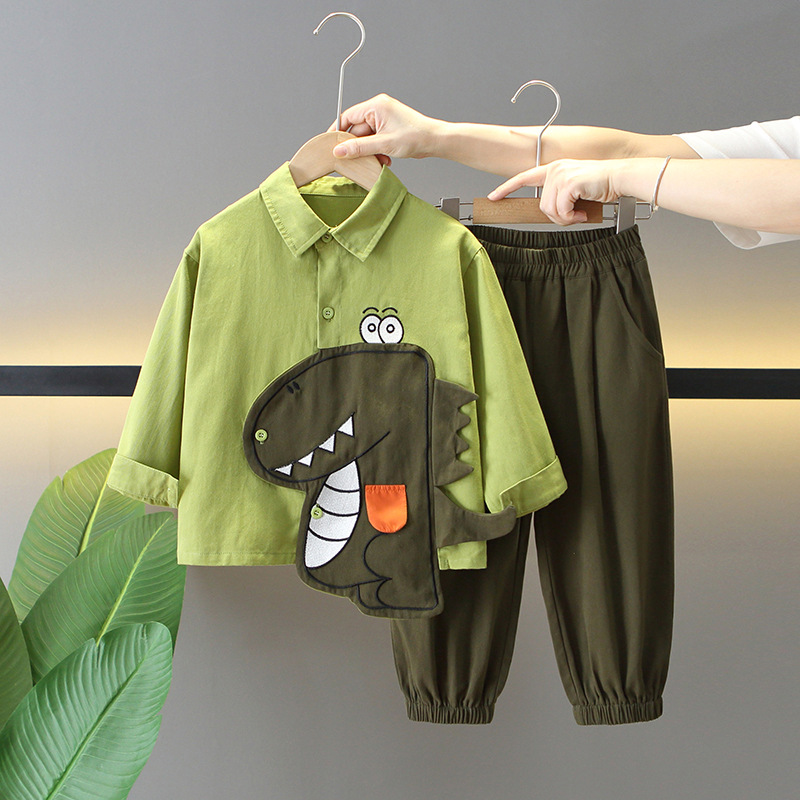 5911 Traje de otoño para niños 2025 Nueva camisa de dinosaurio de moda Ropa de manga larga de primavera y otoño para niños de dos piezas