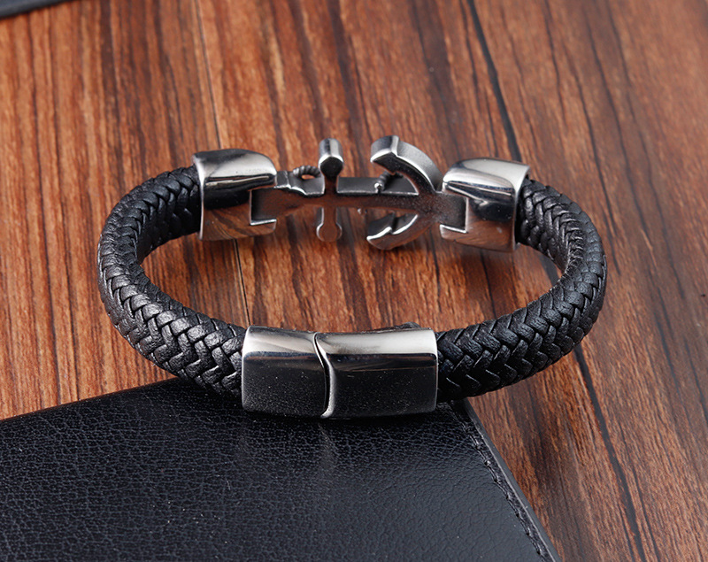 Men's Gender Retro 316L Stainless Steel Leather Anchor Men Cord & Leather Bracelets