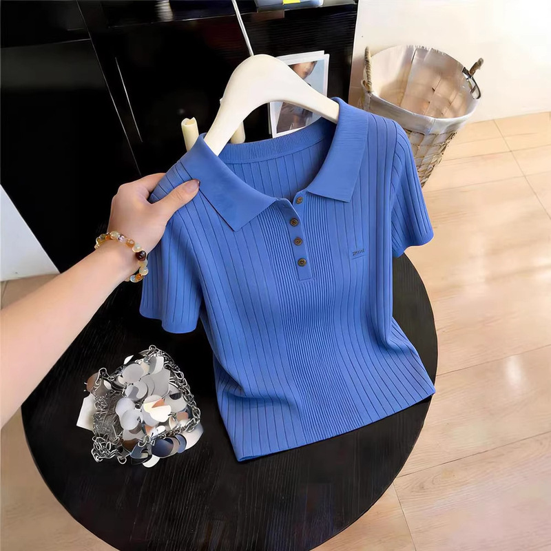 2026 Spring and Summer New Style Women's Blue Polo Collar Short-Sleeved Knitwear Women's Fashionable Lapel Slim-Fitting Age-Reducing Top