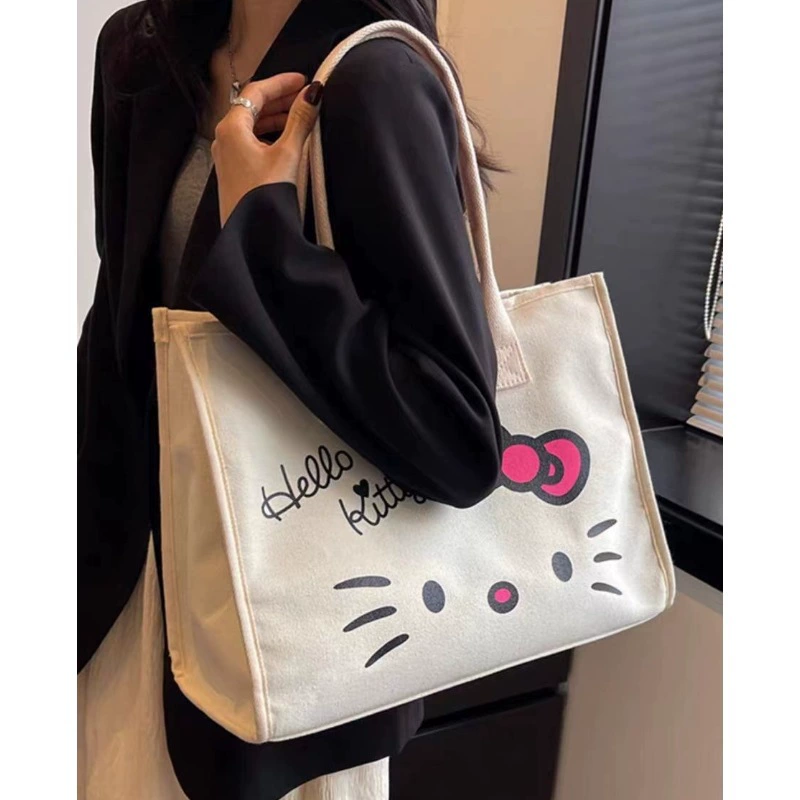 Плечевая сумка Tote (Hello Kitty) из льна, просторная, версия без подкладки или с подкладкой