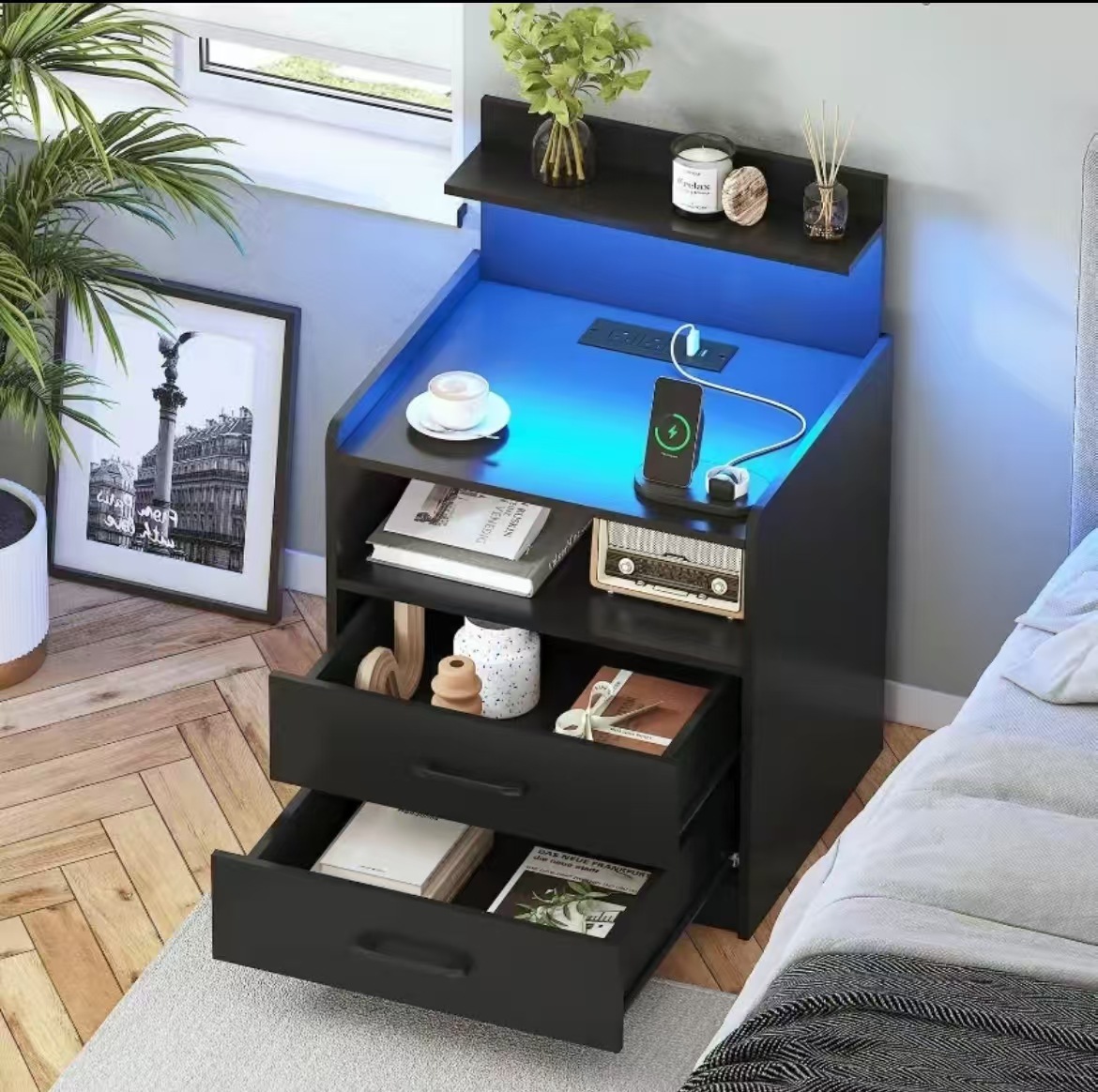 Cross-Border E-Commerce Foreign Trade Bedside Table with Charging Station, Led Bedside Table with Drawers and Storage Shelves
