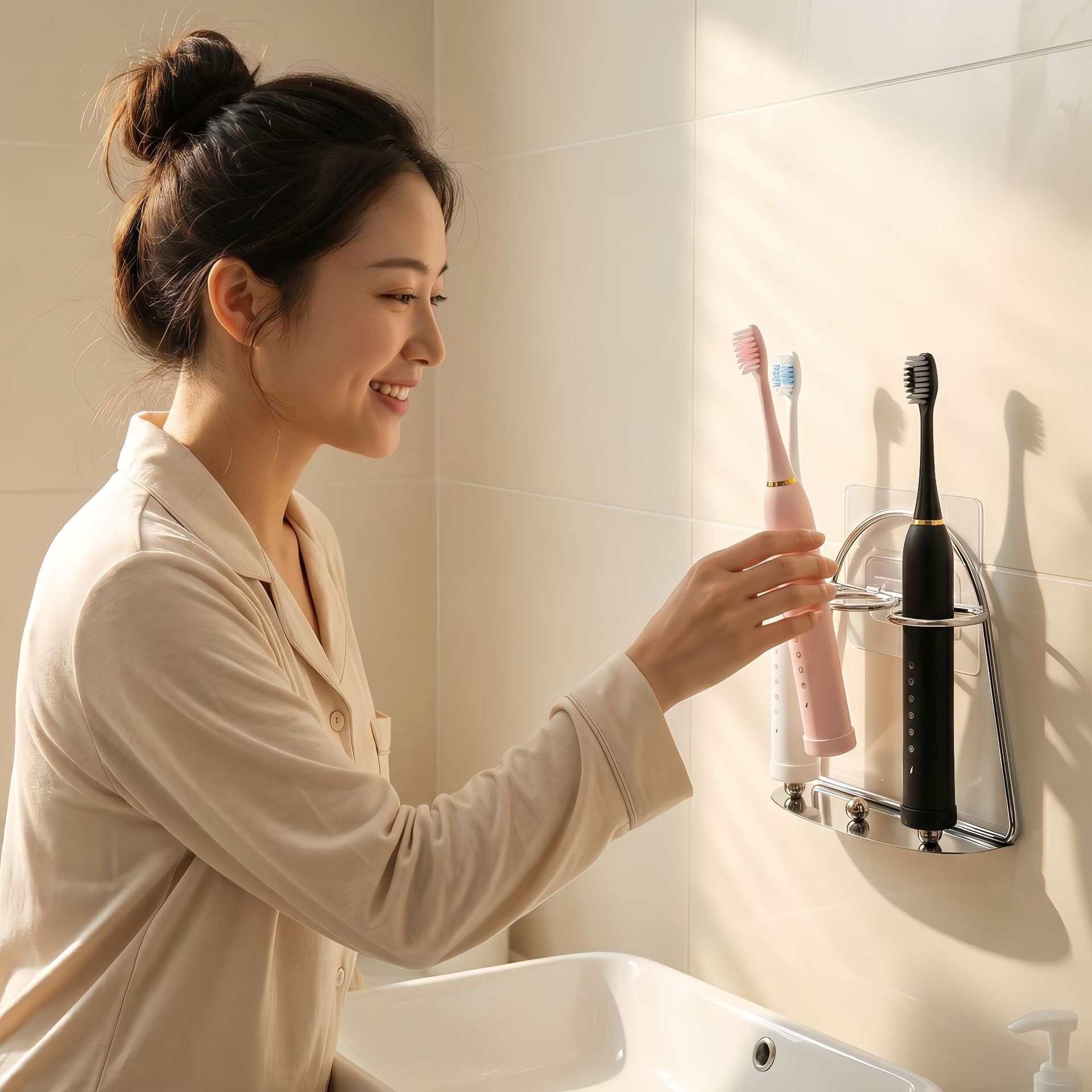 Soporte para cepillo de dientes eléctrico, sin taladro, estante de almacenamiento metálico VHB sin rastro, estante de baño personalizado OEM transfronterizo.
