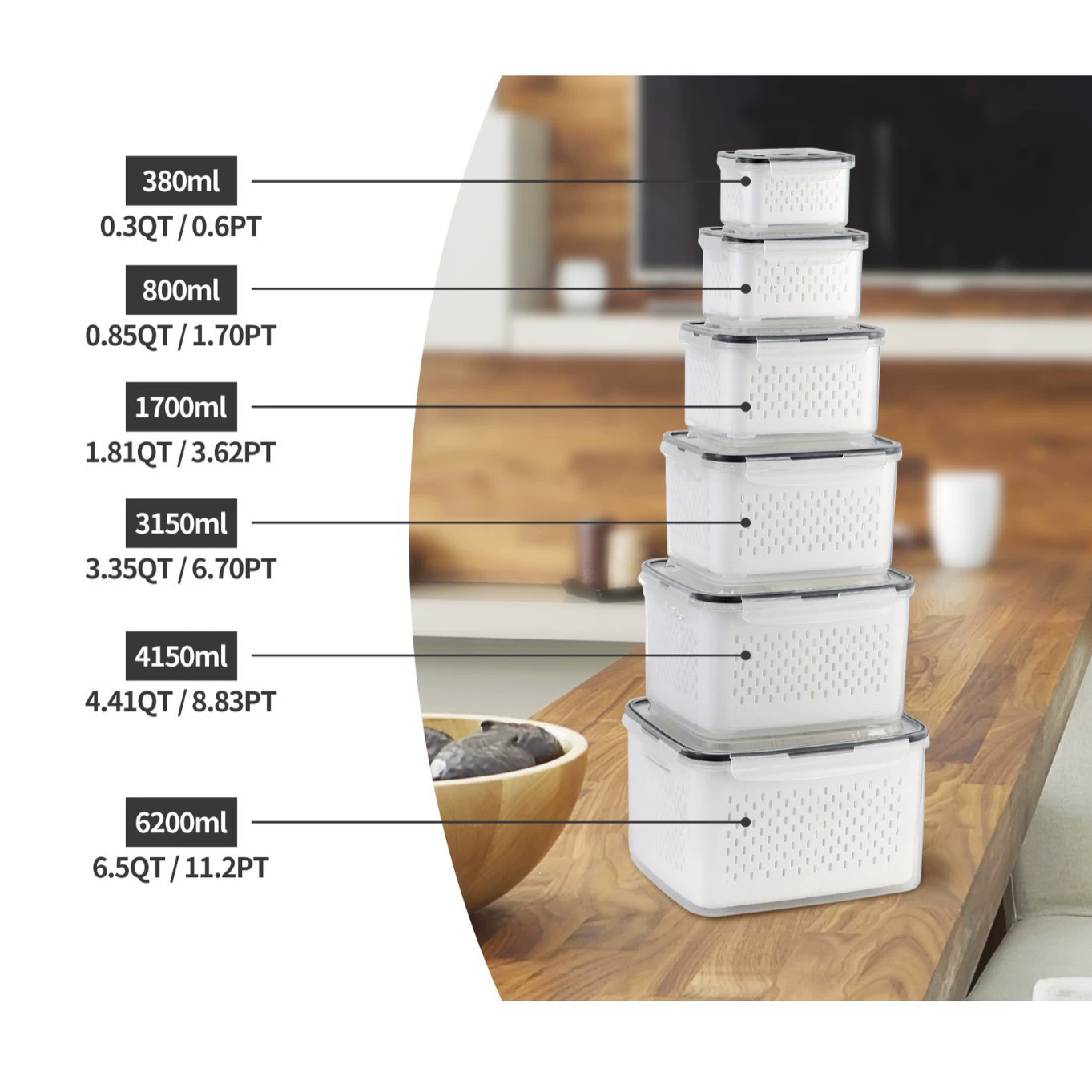Double‑layer draining food storage box, transparent food‑grade, multiple sizes & sets