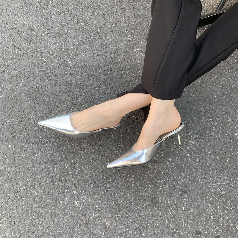 Design francese con tacco alto, mezze pantofole Baotou, scarpe da donna per abbigliamento esterno, tacchi a spillo a punta, scarpe singole a mezza tazza primaverili ed estive_voghion.com