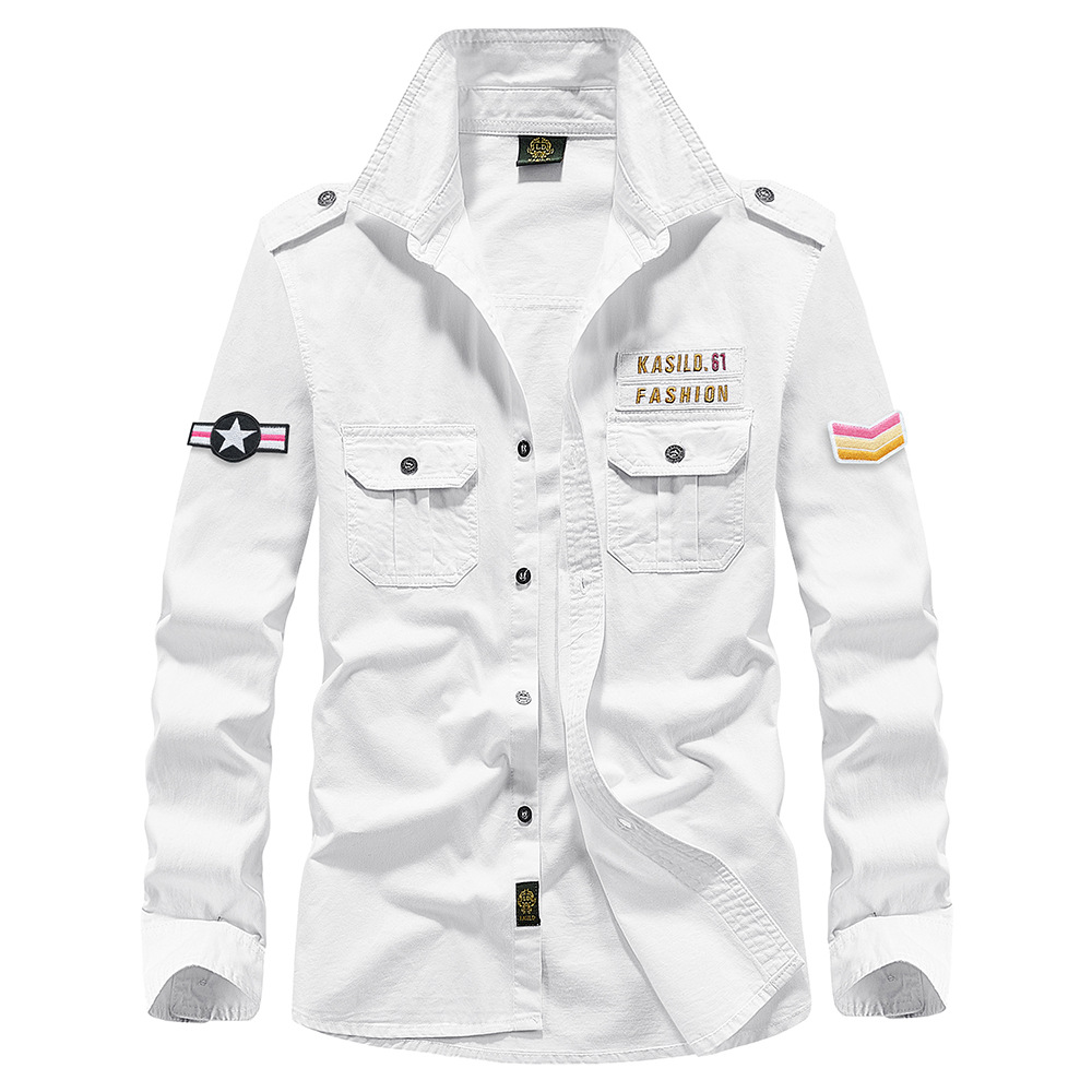 Amazon Camisa de manga larga de algodón para hombre suelta talla grande Primavera y otoño Ropa de trabajo del ejército Camisa casual Camisa estilo militar