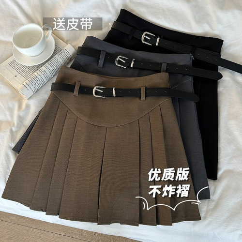 Stylish and Versatile High-Waisted Semi-Annual Skirt 2025 Summer New Arrival Korean Style Pleated Skirt with Belt Solid Color Short A-Line Skirt