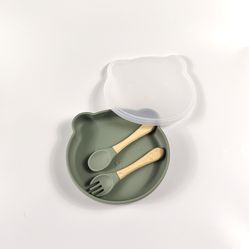 Oso de dibujos animados plato con cubierta de polvo plato de cena infantil bebé vajilla lechón comida complementaria infantil plato de cena de silicona