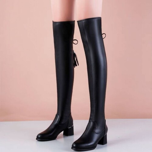 Women's Soft Leather Stretch Boots, Slimming High-Top Leather Boots with Fleece Lining—Stylish Chunky-Heel Over-the-Knee Boots for Autumn and Winter