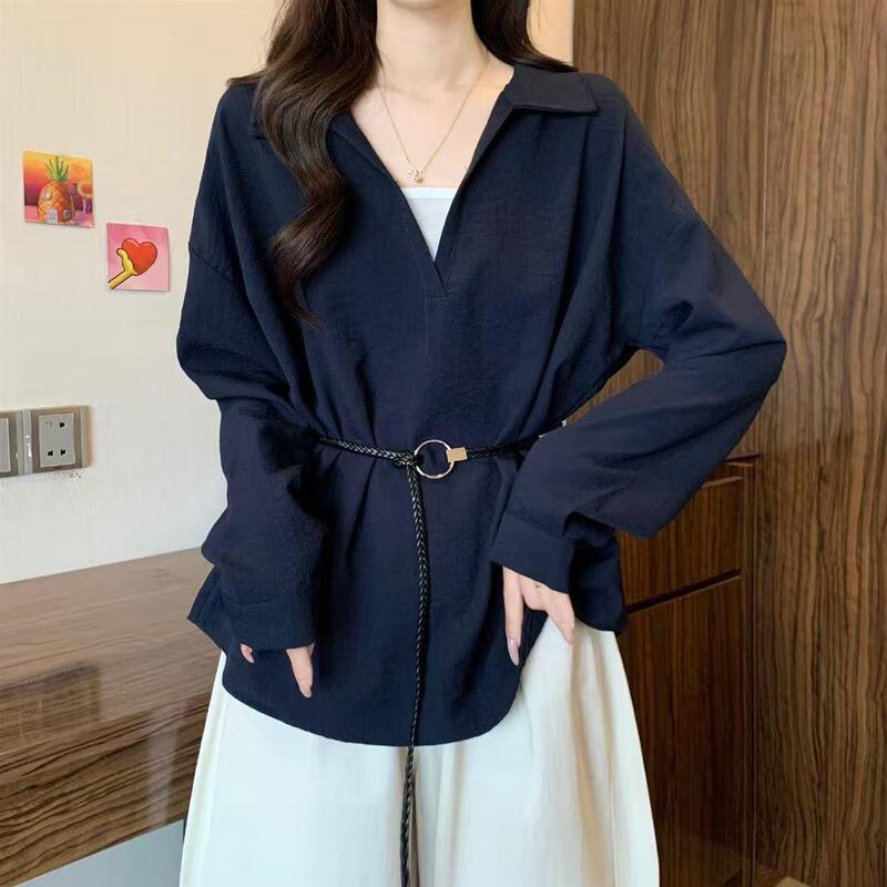 大码女装设计感衬衫女新款胖MM显瘦上衣V领系带收腰假两件洋气|undefined
