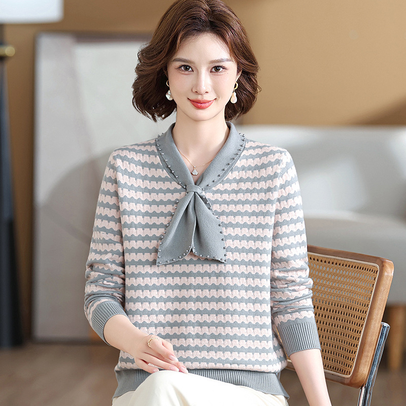 Western Style Mother's New Autumn Clothes Knitted Floating Top Middle-aged Women's Spring and Autumn Striped Shirt Middle-aged Sweater